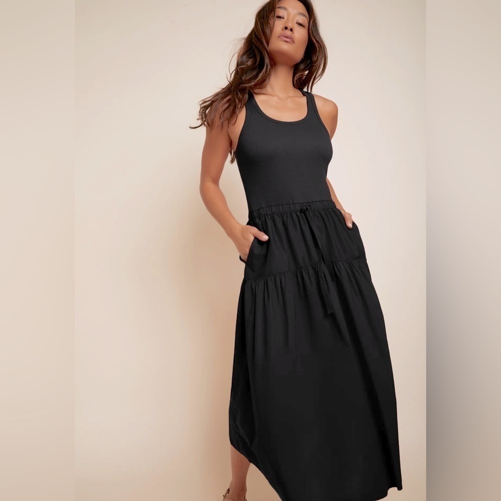 Nation LTD Frannie Midi Dress Jet Black Top Poplin Combo Sz S